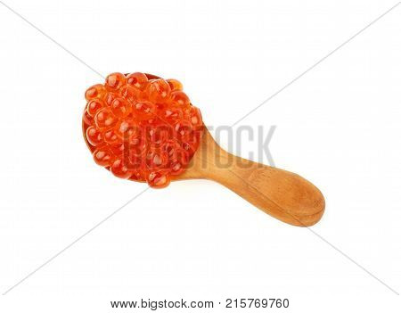 Wooden Spoon Of Red Salmon Caviar Close Up