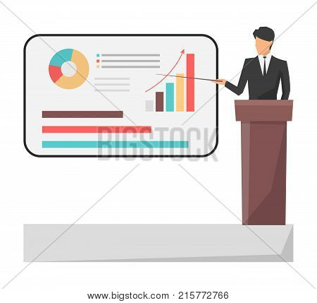 Leader dressed in suit, giving presentation and pointing at whiteboard with charts and diagrams, on vector illustration isolated on white