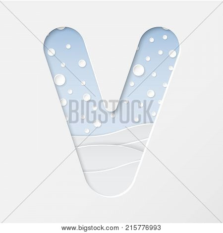 vector illustration of paper art cut letter V with winter landscape with multi layers and shadows effect