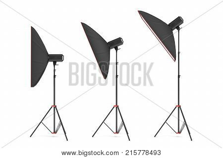 3d rendering of studio flash with big size softboxes stands turned down in several angles. Professional lighting gear. Photo shoot necessities. Preparation for photographer's work.