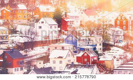 Beautiful town in winter, aerial view on many colorful houses, Narvik, Norway