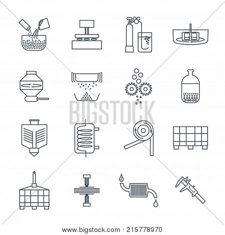 set of thin line icons industrial production fabrication process factory technology equipment