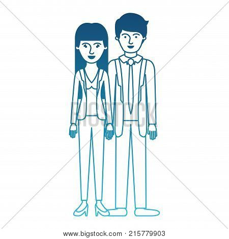 couple in degraded blue silhouette and her with blouse and jacket and pants and heel shoes with straight long hair and him with suit and tie and pants and shoes with short hair vector illustration