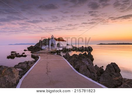 Agios Isidoros church in northern Chios at sunrise.