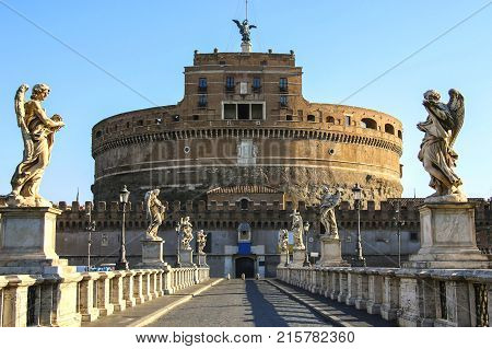 Saint Angel Castle and Saint Angel bridge in Rome Italy.