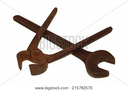 Cutting pilers and steel wrench isolated on a white background