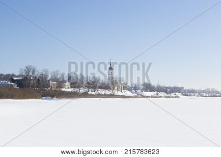 View of the city and the church Totma Assumption with Sukhona River. Vologda Region, Russia