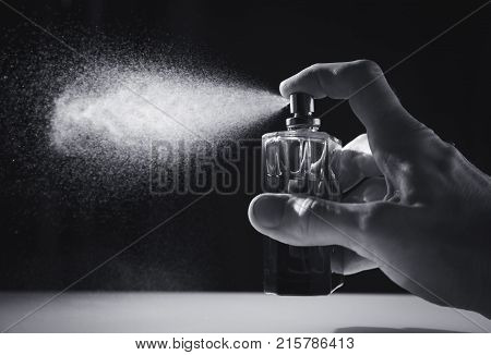 Elegant man in suit and tie using cologne or perfume isolated on black