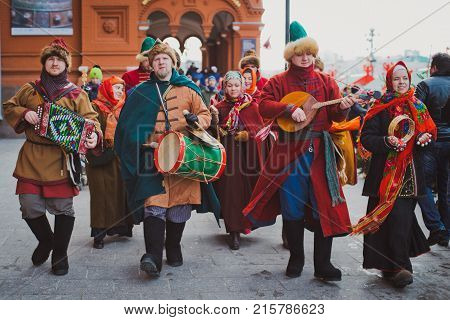 Russia. Moscow.Red square 26 Feb 2017. Carnival Maslenica . participants of the carnival are on the red square playing Russian folk musical instruments