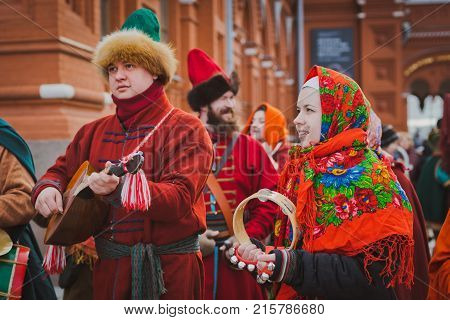 Russia. Moscow.Red square 26 Feb 2017. Carnival Maslenica . participants of the carnival are on the red square playing Russian folk musical instruments
