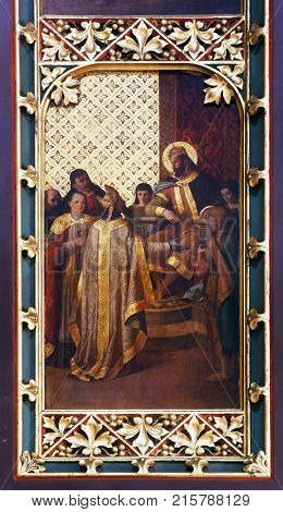 ZAGREB, CROATIA - APRIL 07: St. Ladislaus sends the first bishop of Zagreb, altarpiece in Zagreb cathedral dedicated to the Assumption of Mary in Zagreb on April 07, 2015