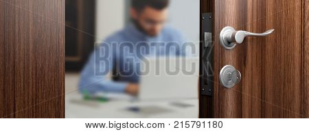 Office Doorway With Open Door, Blur Emploee On The Background. 3D Illustration
