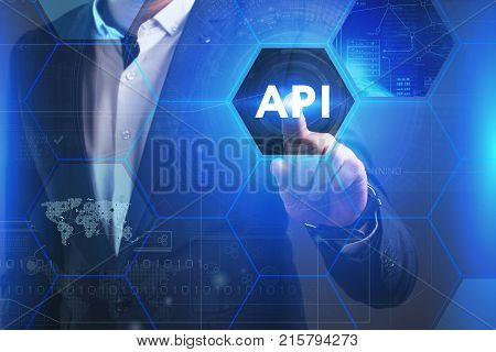 Business, Technology, Internet And Network Concept. Young Businessman Working In Virtual Reality Gla