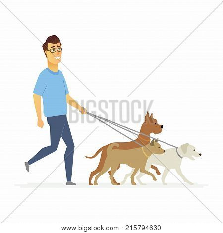 Volunteer helps to walk dogs - cartoon people characters isolated illustration on white background. Young smiling man with glasses goes with three pets on the leash, take care of them