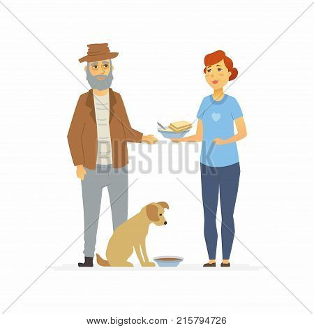 Volunteer bring food to homeless - cartoon people characters isolated illustration on white background. Young female social worker gives hot dish with bread to a senior person with a dog