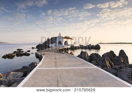 Agios Isidoros church in northern Chios at sunrise.