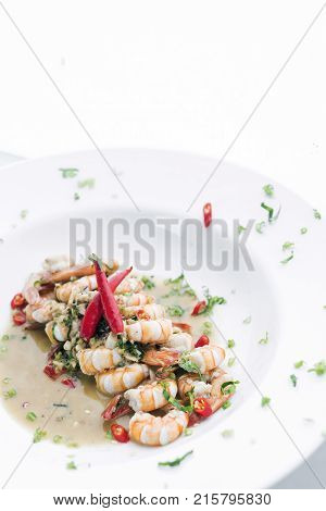 spicy garlic and wine prawns modern fusion gourmet food cuisine meal
