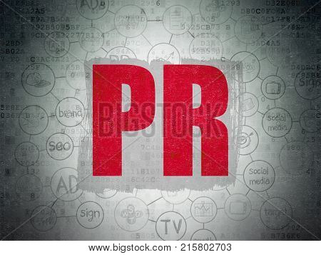 Advertising concept: Painted red text PR on Digital Data Paper background with  Scheme Of Hand Drawn Marketing Icons