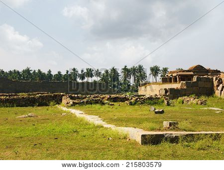 Hazara Rama Temple in Hampi, Karnataka, India. The temple is famous for the lovely bas relics and panels depicting the story of the epic Ramayana.