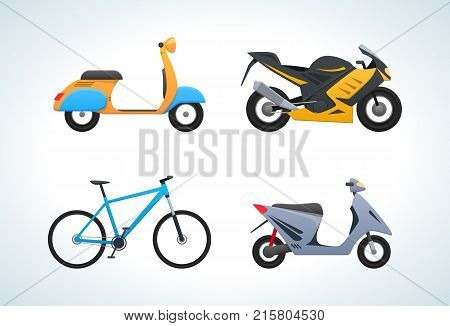Modern types of means of street transportation in transport: scooter, sports bike, bicycle. Trips along the streets of the city, traveling, entertainment and hobbies. Vector illustration.