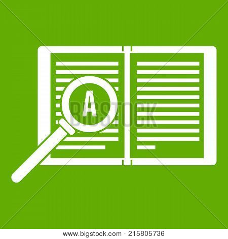 Magnifying glass over open book icon white isolated on green background. Vector illustration