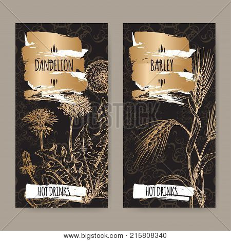 Set of two labels with Dandelion aka Taraxacum officinale and Barley aka Hordeum vulgare on black. Used as coffee substitute. Hot drinks collection. Great for cafe, bars, tea ads.