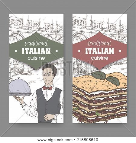 Set of two traditional Italian cuisine labels with waiter, Ilalian pation and lasagna on white. Great for pizzeria, bakery and restaurant, cafe ads, brochures, labels.