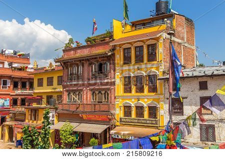 Colorful Houses Inhabited By The Tibetan Community In The Square At Boudanath.