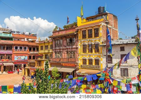 Colorful Houses Inhabited By The Tibetan Community In The Square At Boudanath.