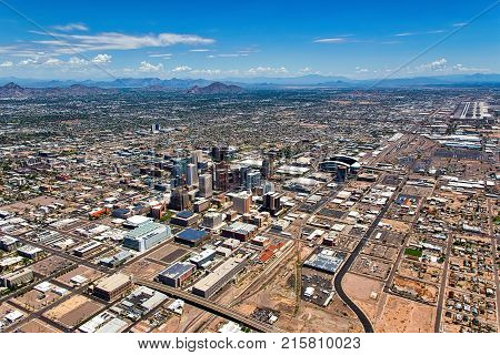 Wide Angle Aerial view of Downtown Phoenix Arizona looking to the northeast towards Scottsdale