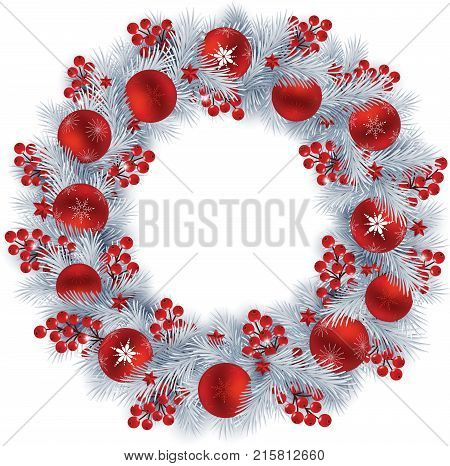 Christmas wreath with silver colour fir branches berries and red balls