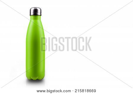 Stainless thermos water bottle, isolated on white background. Light green color