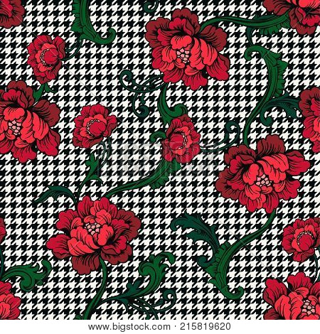 Eclectic fabric plaid seamless pattern with baroque ornament. Vector background.