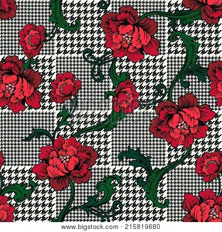 Eclectic fabric plaid seamless pattern with baroque ornament. Vector background.