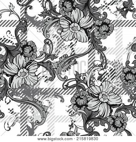 Eclectic fabric plaid seamless pattern with baroque ornament. Vector background.