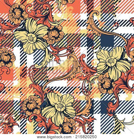 Eclectic fabric plaid seamless pattern with baroque ornament. Vector background.