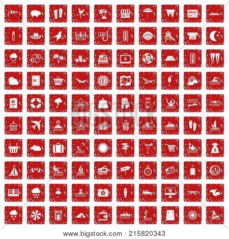 100 seaside resort icons set in grunge style red color isolated on white background vector illustration