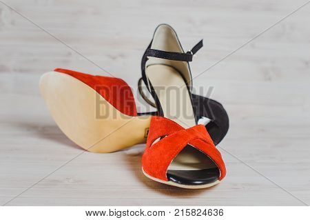 Hand-made Women's Dance Shoes Made Of Genuine Leather On The Wooden Surface