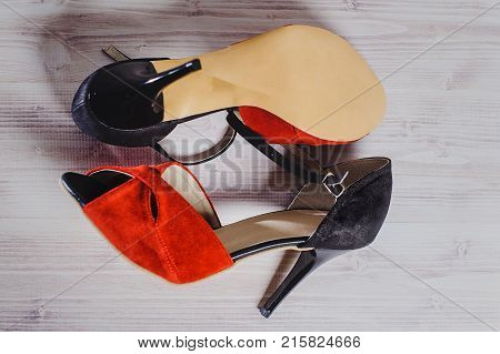 Hand-made Women's Dance Shoes Made Of Genuine Leather On The Wooden Surface