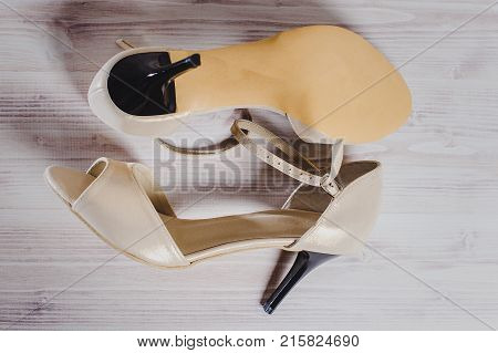 Hand-made Women's Dance Shoes Made Of Genuine Leather On The Wooden Surface