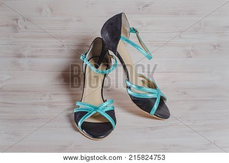 Hand-made Women's Dance Shoes Made Of Genuine Leather On The Wooden Surface