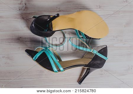 Hand-made Women's Dance Shoes Made Of Genuine Leather On The Wooden Surface