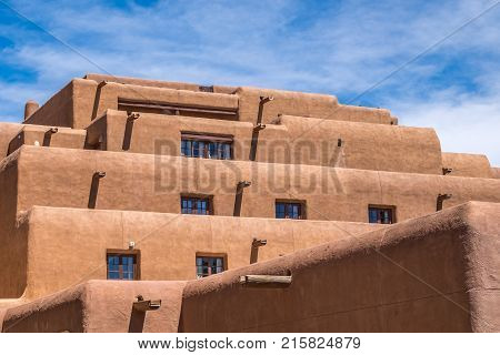 Tradional stucco architecture in Santa Fe New Mexico in the downtown plaza.