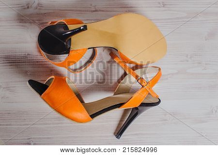 Hand-made Women's Dance Shoes Made Of Genuine Leather On The Wooden Surface