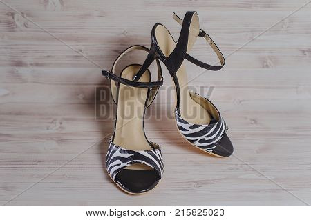 Hand-made Women's Dance Shoes Made Of Genuine Leather On The Wooden Surface