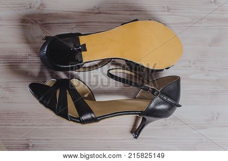 Hand-made Women's Dance Shoes Made Of Genuine Leather On The Wooden Surface