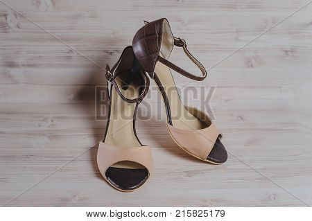 Hand-made Women's Dance Shoes Made Of Genuine Leather On The Wooden Surface