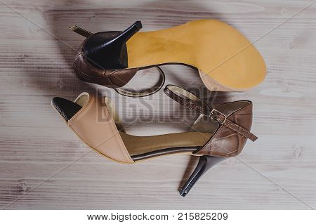 Hand-made Women's Dance Shoes Made Of Genuine Leather On The Wooden Surface
