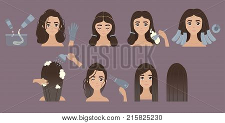 Hair coloring process. 8 Steps to change hair color. Hair styling. Vector illustration. Tutorial. Ombre