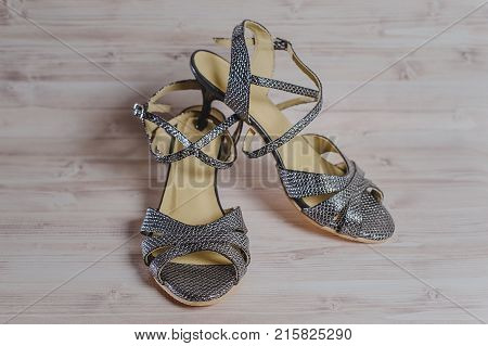Hand-made Women's Dance Shoes Made Of Genuine Leather On The Wooden Surface